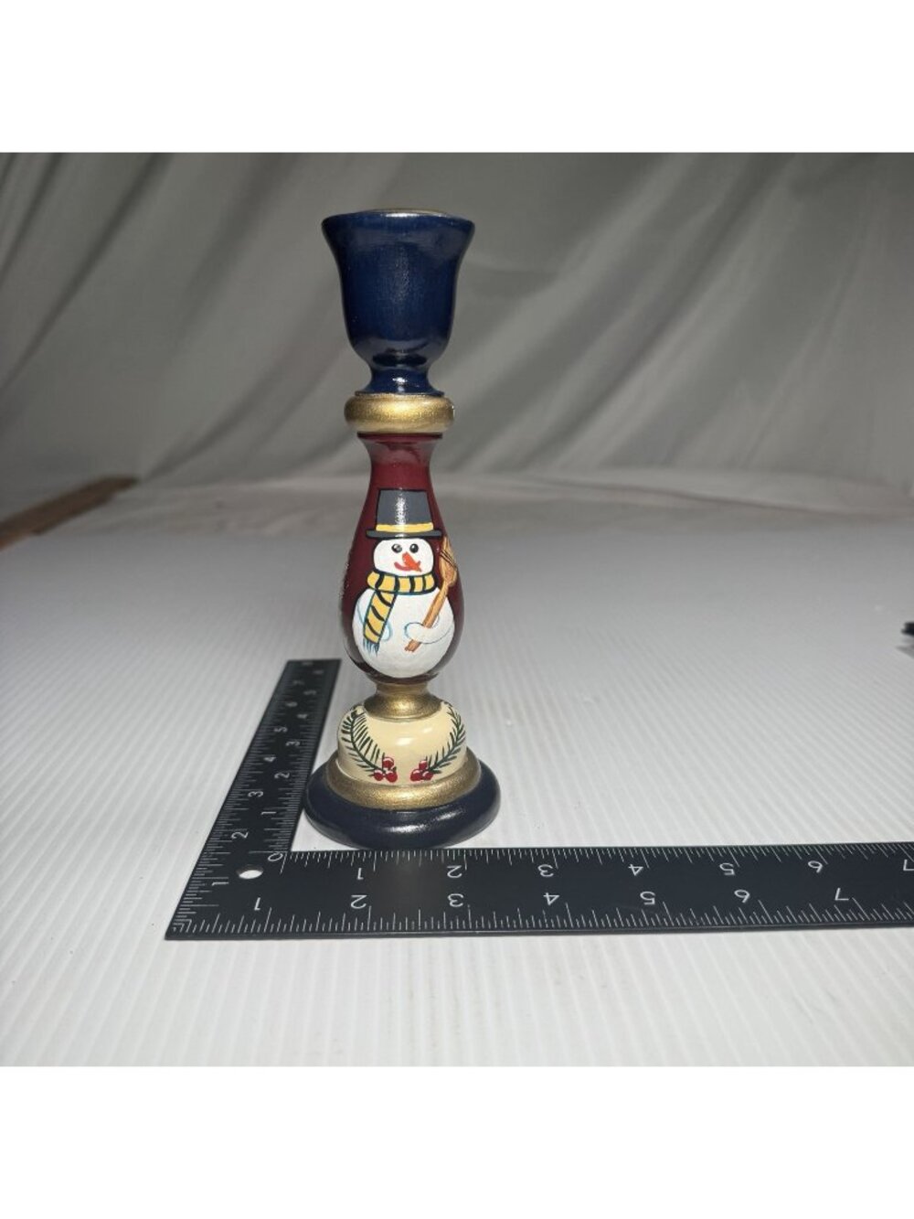 VTG 7” Wooden Folk Art Candle Stick Holder Snowmen Christmas Blue Signed MB